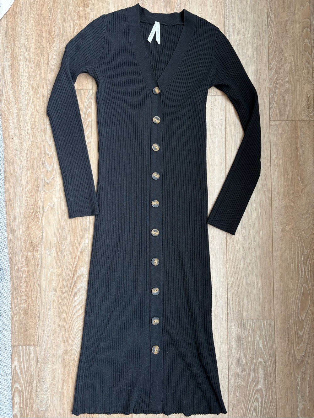 Ribbed Button-Front Long Sleeve Midi Dress - Black